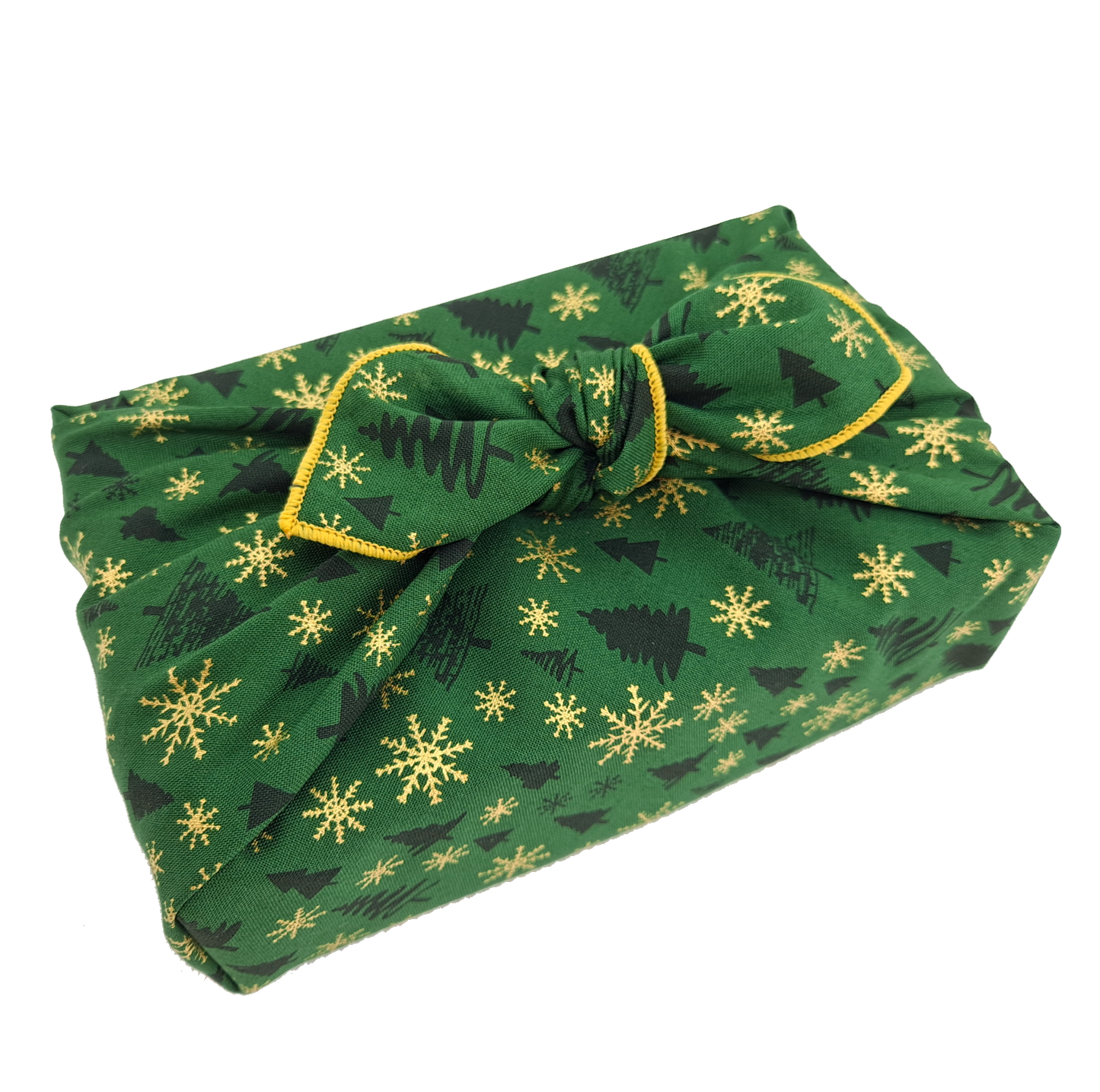 Gift wrapped in a green Christmas print furoshiki with Christmas tree and snowflake detail