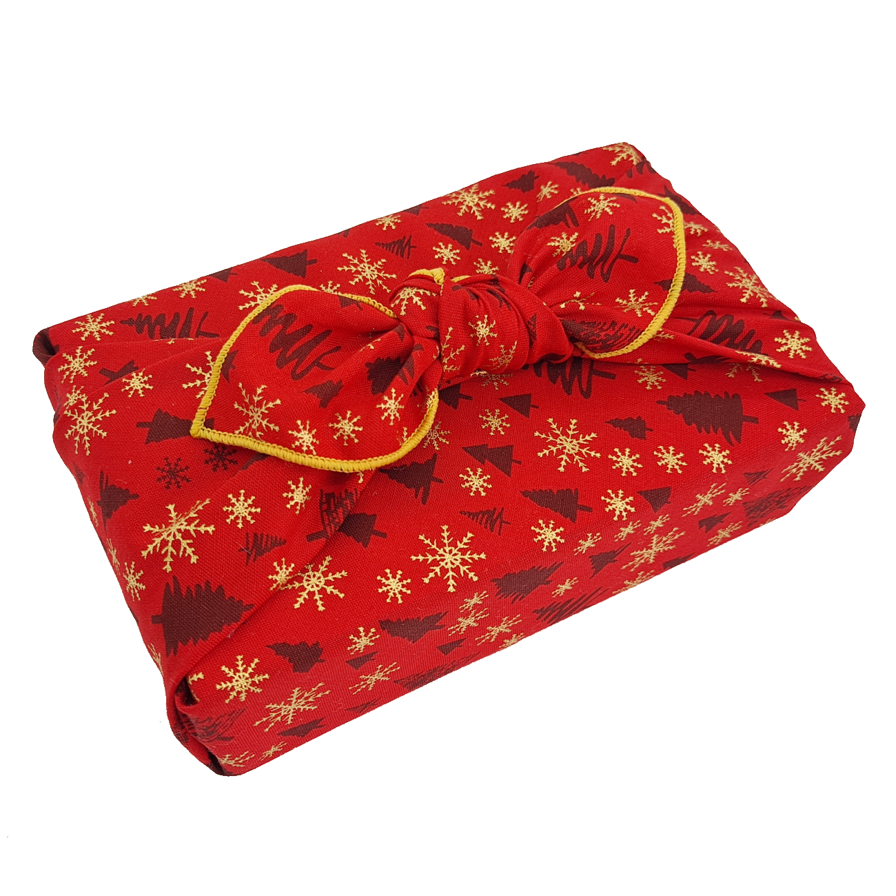 Gift wrapped in a red Christmas print furoshiki with Christmas tree and snowflake detail