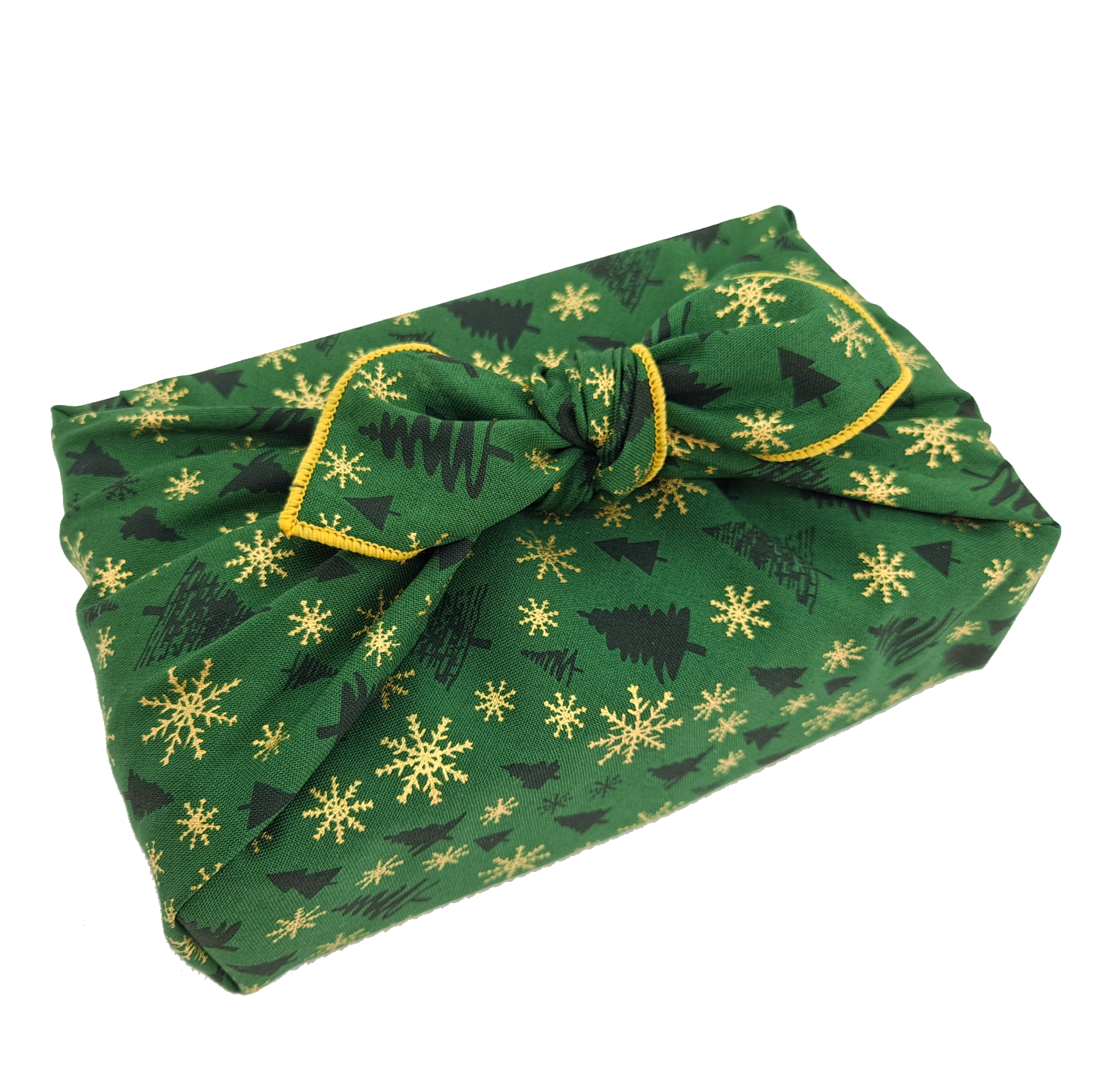 Gift wrapped in a green Christmas print furoshiki with Christmas tree and snowflake detail