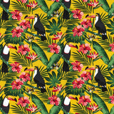Tropical toucan print with a yellow background, on cotton