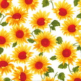 Sunflowers pattern material on white cotton