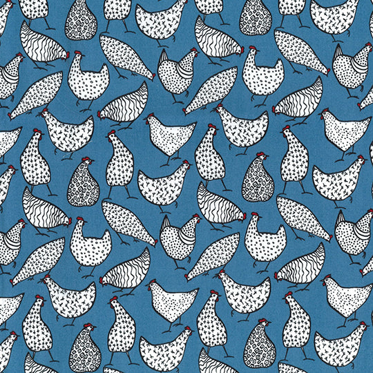 White hens with red detail on a blue background