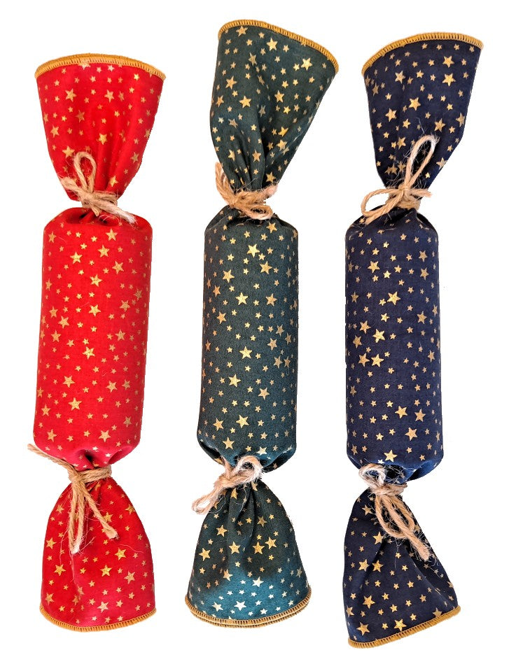 Furoshiki reusable fabric Christmas crackers with gold star print