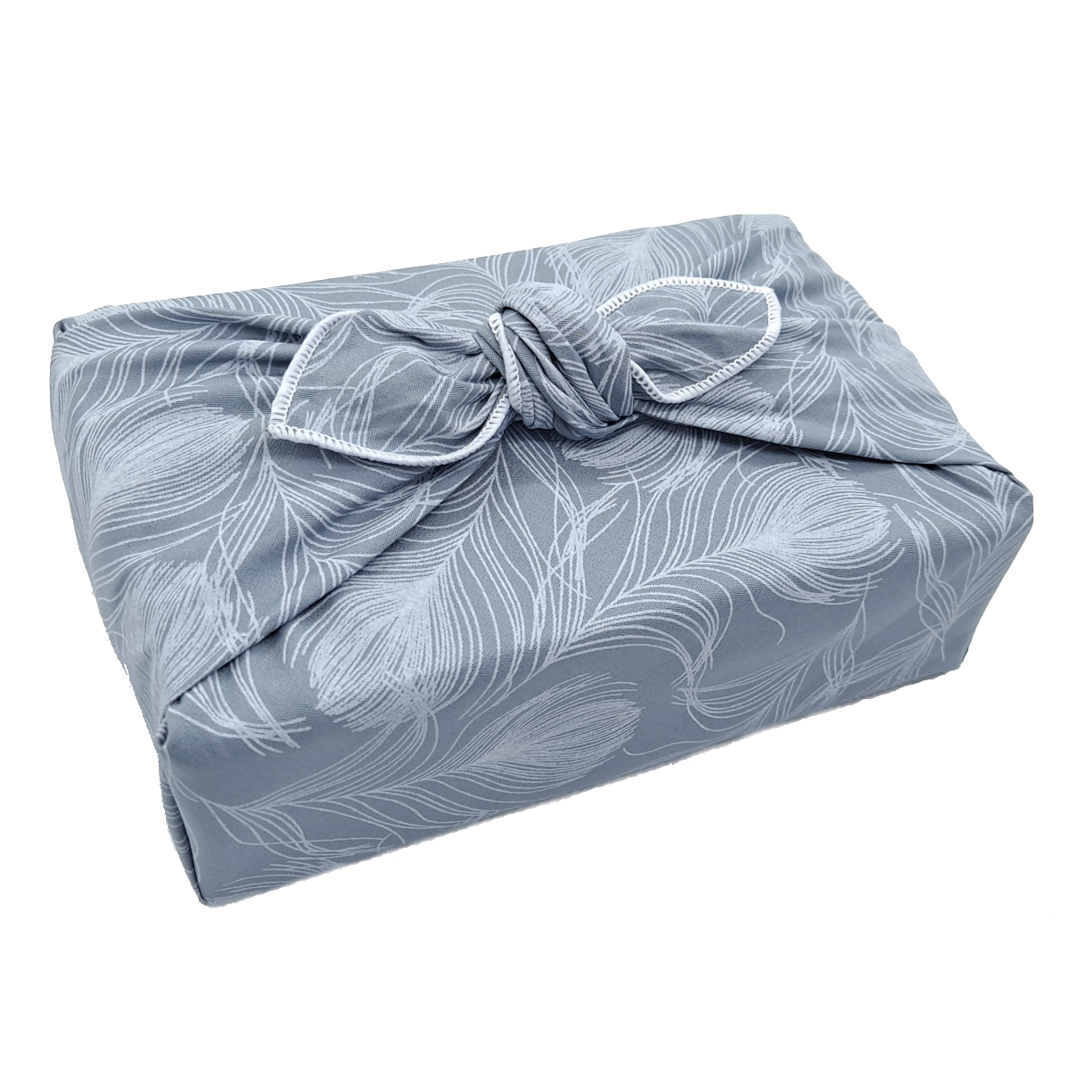 Gift wrapped in a furoshiki with a delicate feather pattern on silvery grey