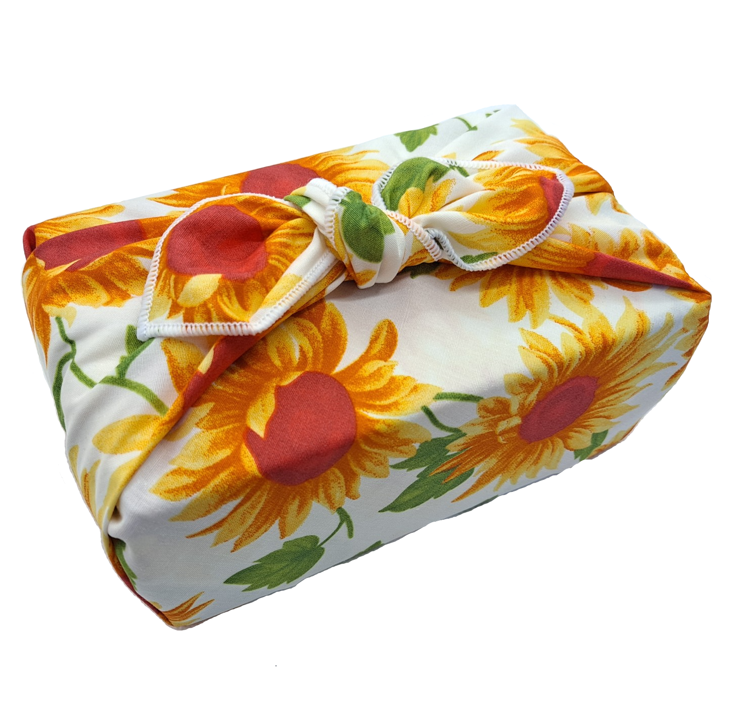 Gift wrapped with a sunflower patterned furoshiki reusable gift wrap