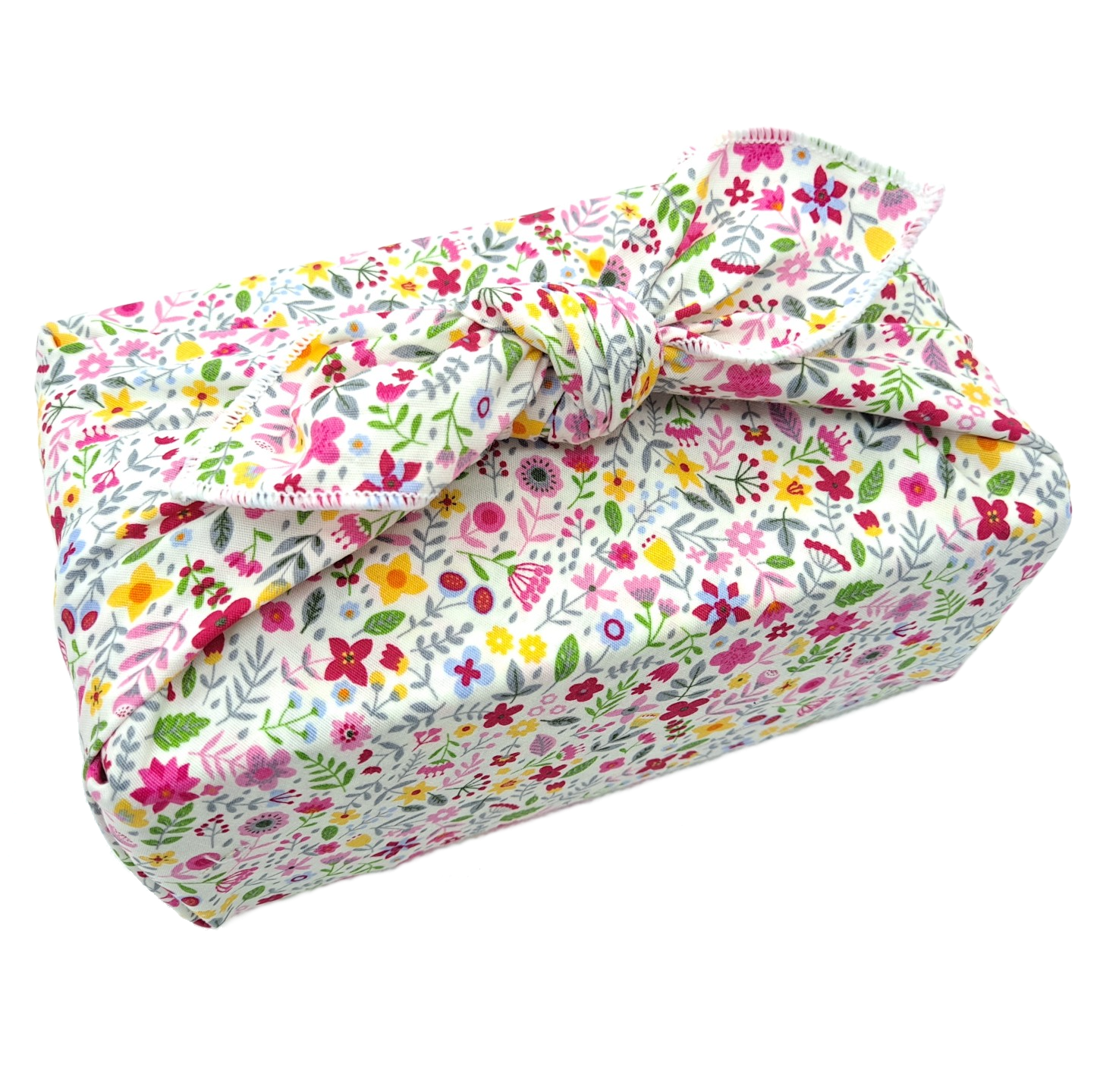 Gift wrapped in a furoshiki with wildflower print
