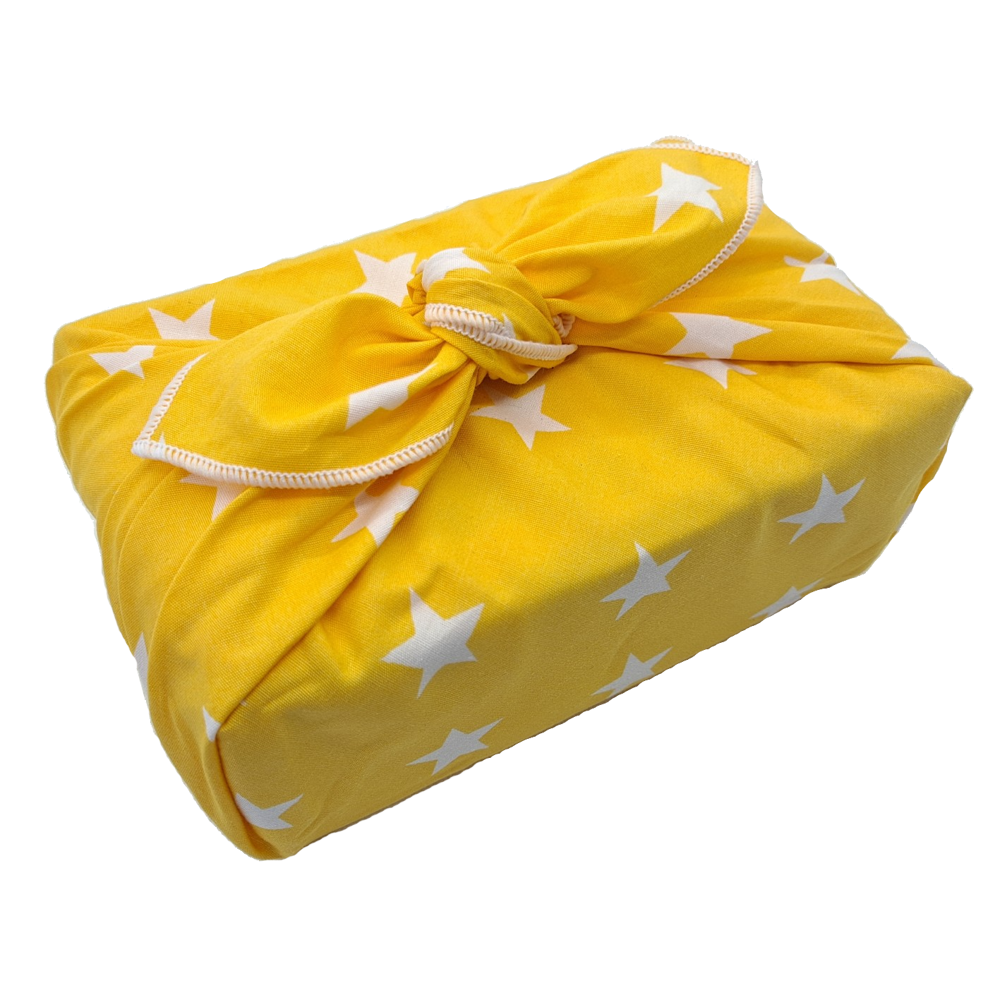 Gift wrapped with a furoshiki that's yellow with white stars